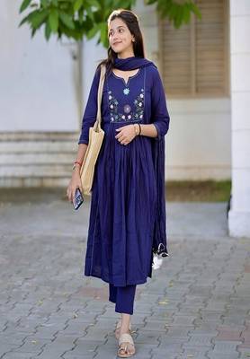 blue embroidered round neck cotton kurta trouser dupatta set 2