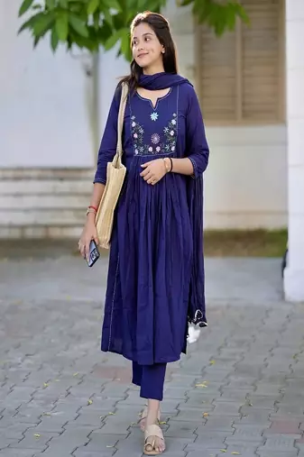 blue embroidered round neck cotton kurta trouser dupatta set