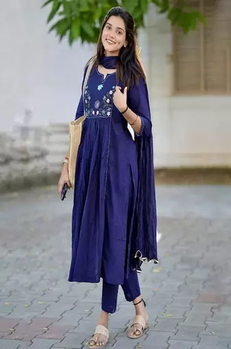 blue embroidered round neck cotton kurta trouser dupatta set