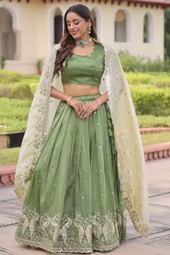 Green Silk Sequins Embroidered Lehenga Choli And Duptta