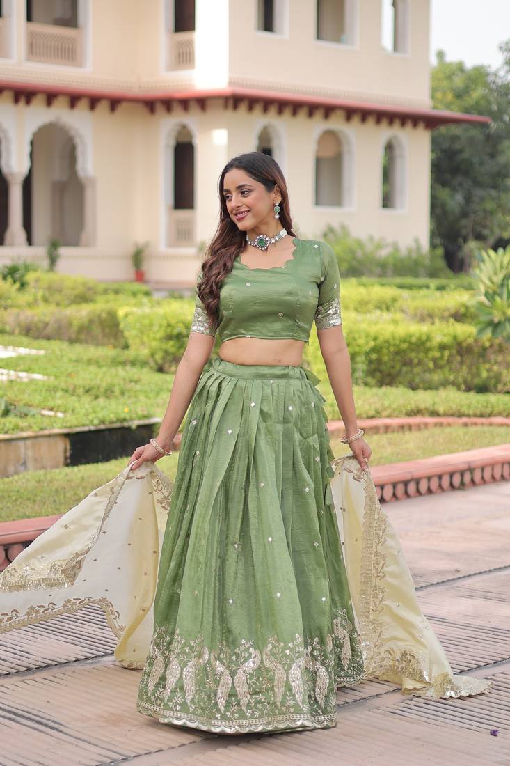 Green Silk Sequins Embroidered Lehenga Choli And Duptta