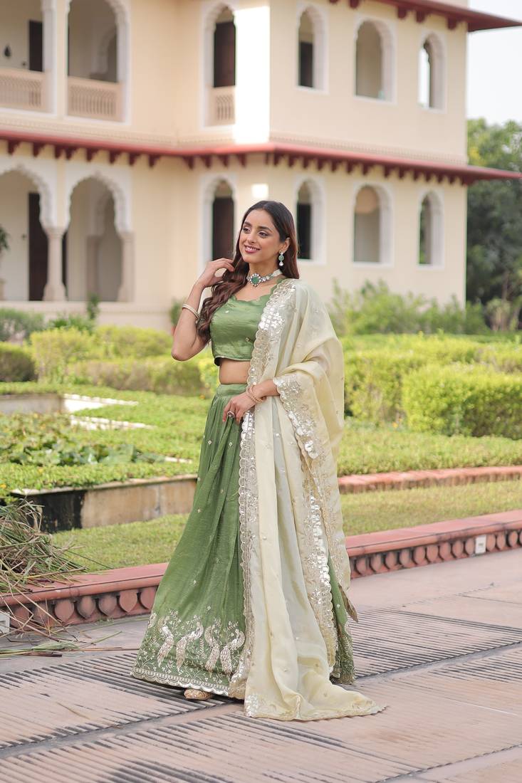 Green Silk Sequins Embroidered Lehenga Choli And Duptta