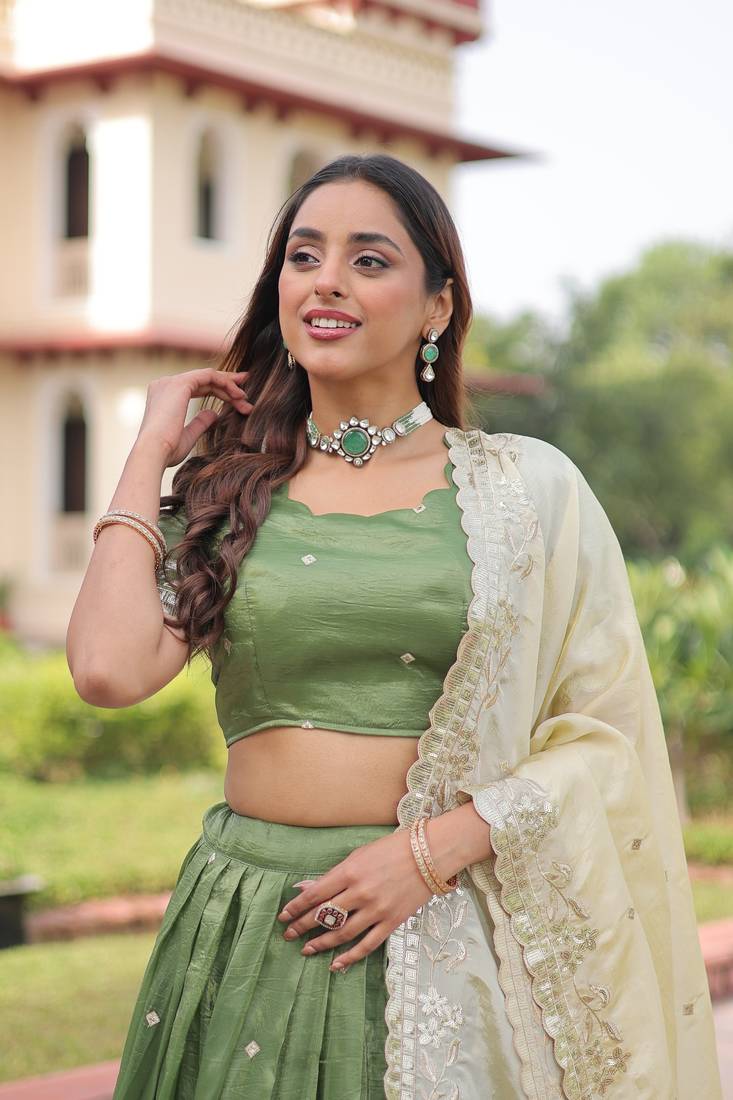 Green Silk Sequins Embroidered Lehenga Choli And Duptta