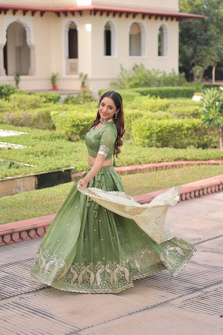 Green Silk Sequins Embroidered Lehenga Choli And Duptta