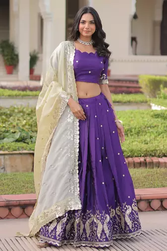 Purple Silk Sequins Embroidered Lehenga Choli And Duptta