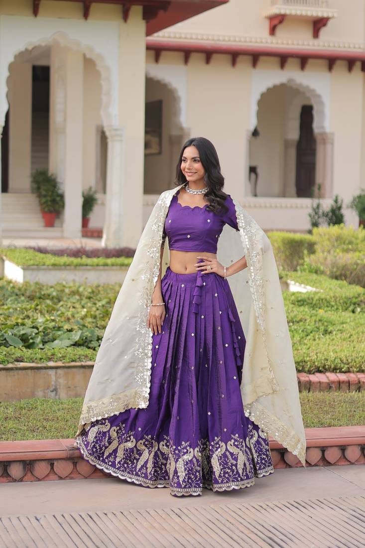 Purple Silk Sequins Embroidered Lehenga Choli And Duptta