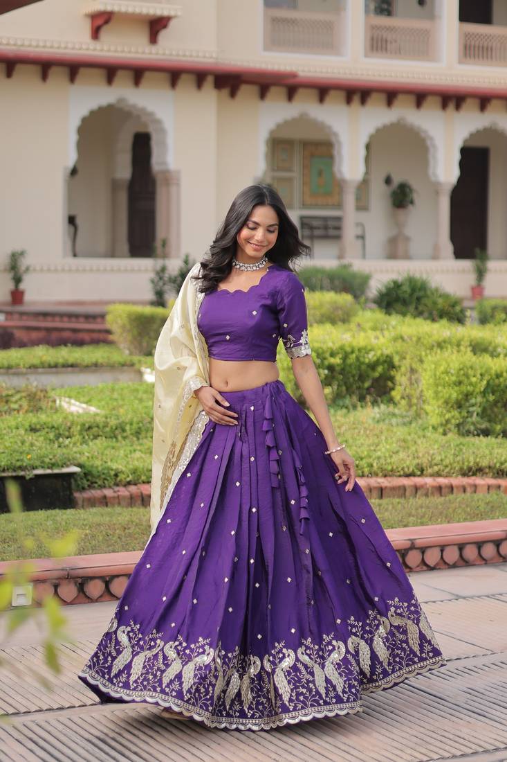Purple Silk Sequins Embroidered Lehenga Choli And Duptta