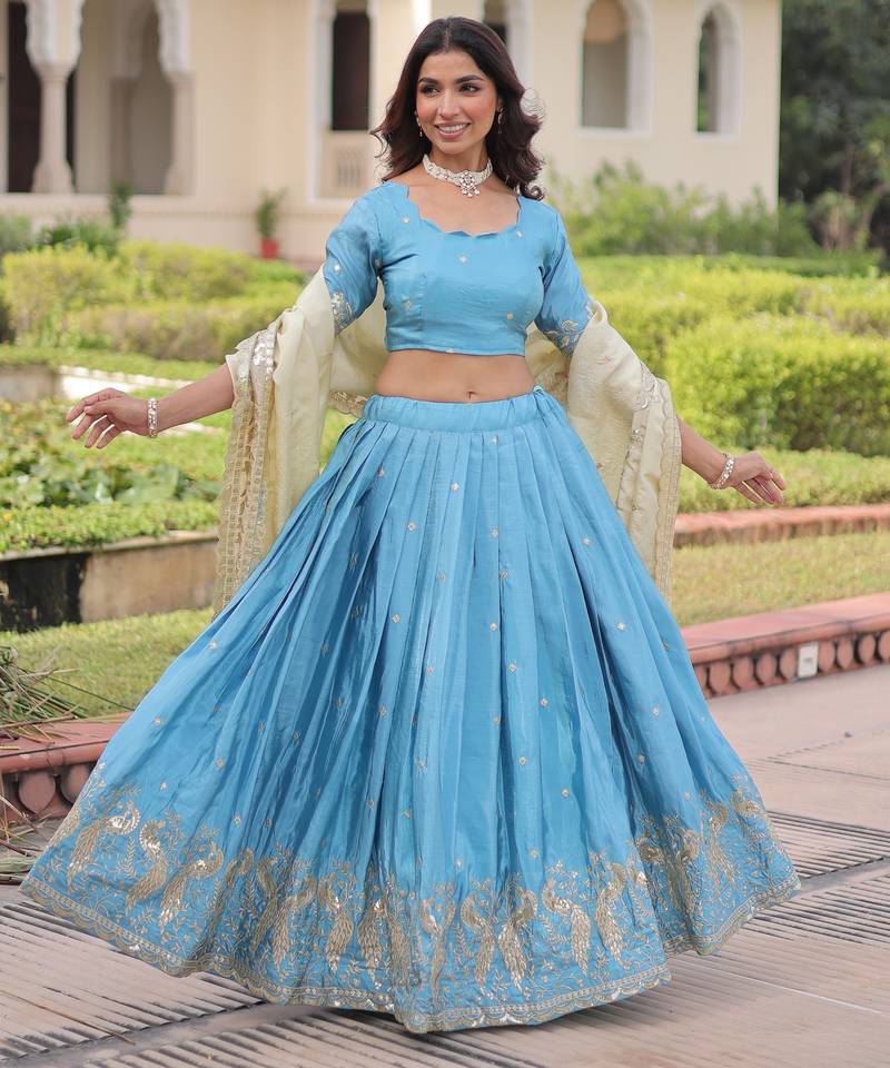 Sky Blue Silk Sequins Embroidered Lehenga Choli And Duptta