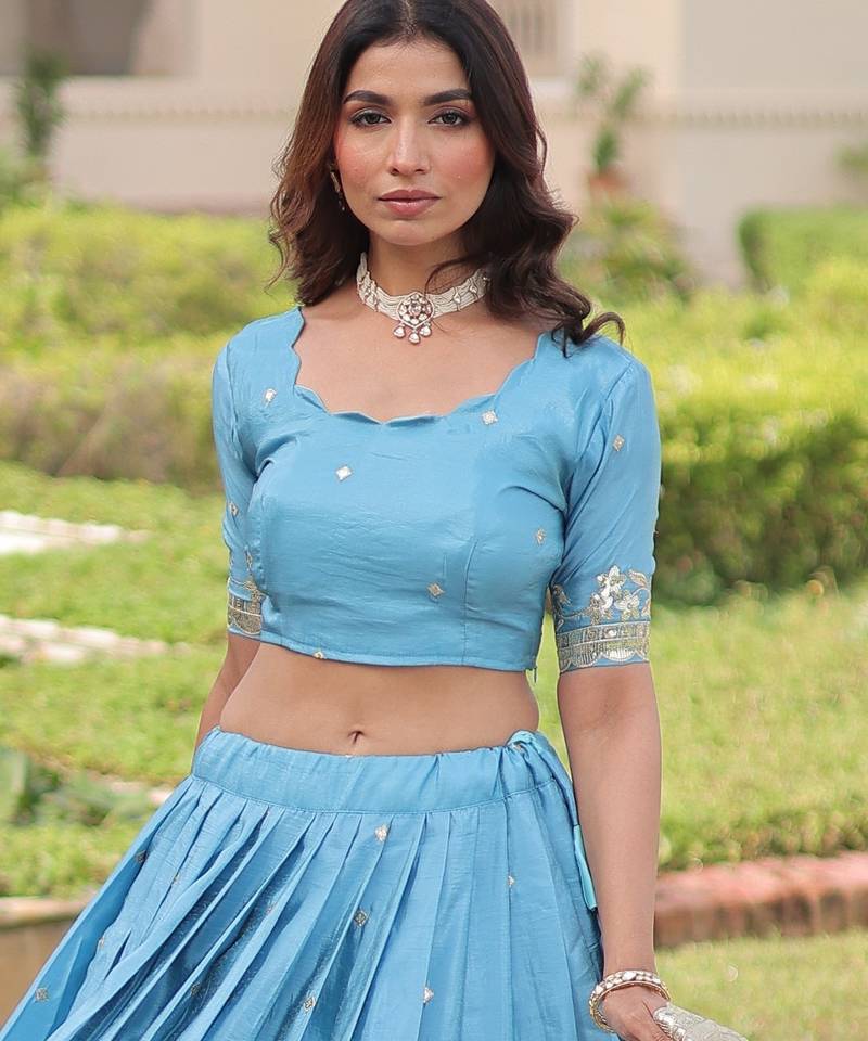 Sky Blue Silk Sequins Embroidered Lehenga Choli And Duptta