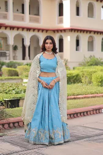 Sky Blue Silk Sequins Embroidered Lehenga Choli And Duptta