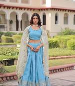 Sky Blue Silk Sequins Embroidered Lehenga Choli And Duptta