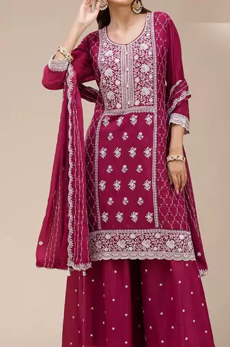 Rani pink embroidered georgette palazzo style salwar suit
