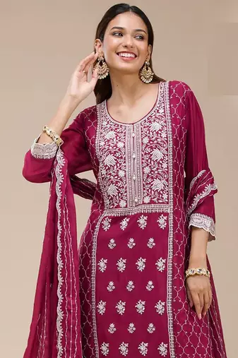 Rani pink embroidered georgette palazzo style salwar suit