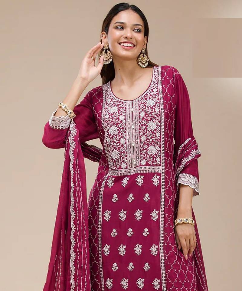 Rani pink embroidered georgette palazzo style salwar suit