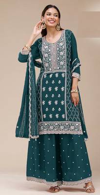 Magenta embroidered georgette palazzo style salwar suit 1