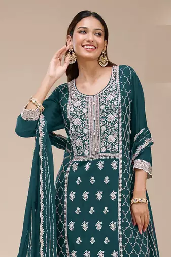 Magenta embroidered georgette palazzo style salwar suit