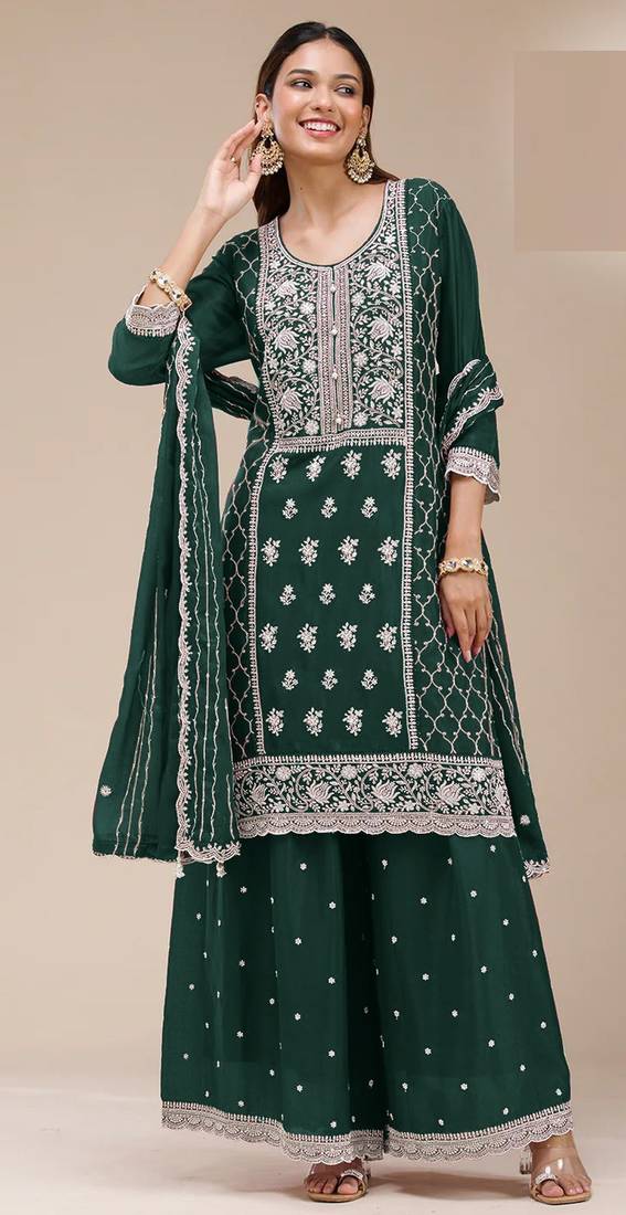 Green embroidered georgette palazzo style salwar suit