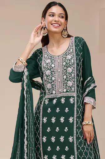 Green embroidered georgette palazzo style salwar suit