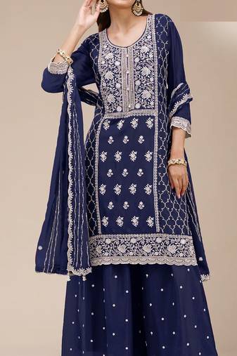 Blue embroidered georgette palazzo style salwar suit