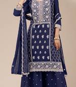 Blue embroidered georgette palazzo style salwar suit