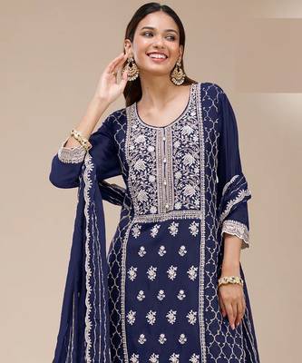 Blue embroidered georgette palazzo style salwar suit 2
