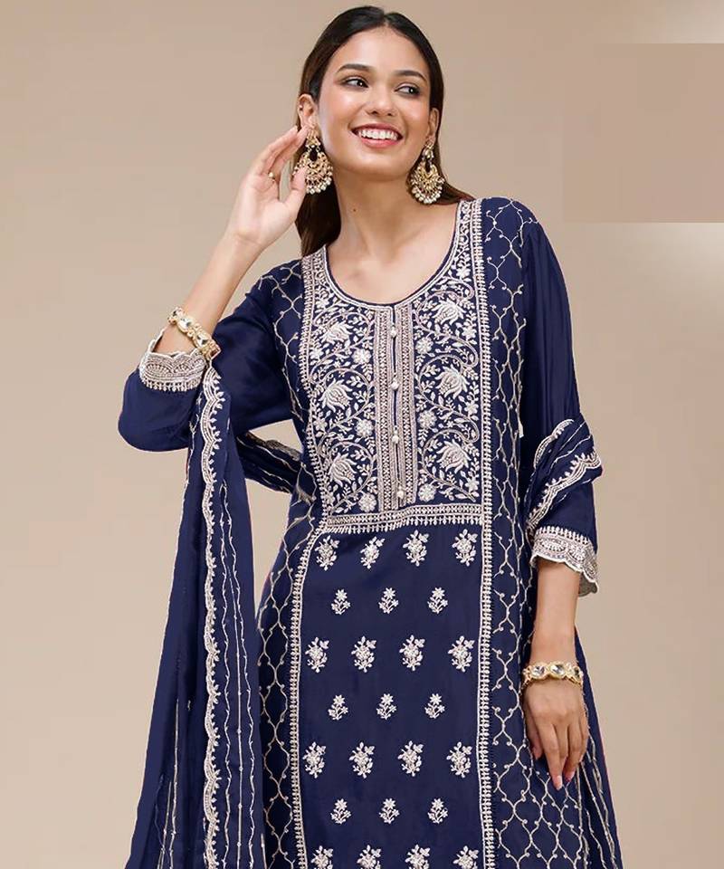 Blue embroidered georgette palazzo style salwar suit