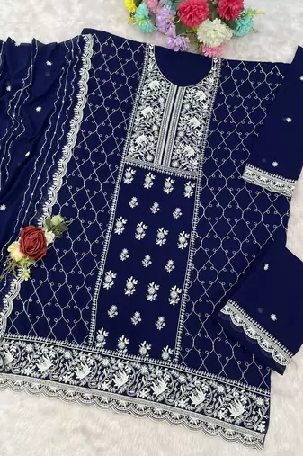 Blue embroidered georgette palazzo style salwar suit