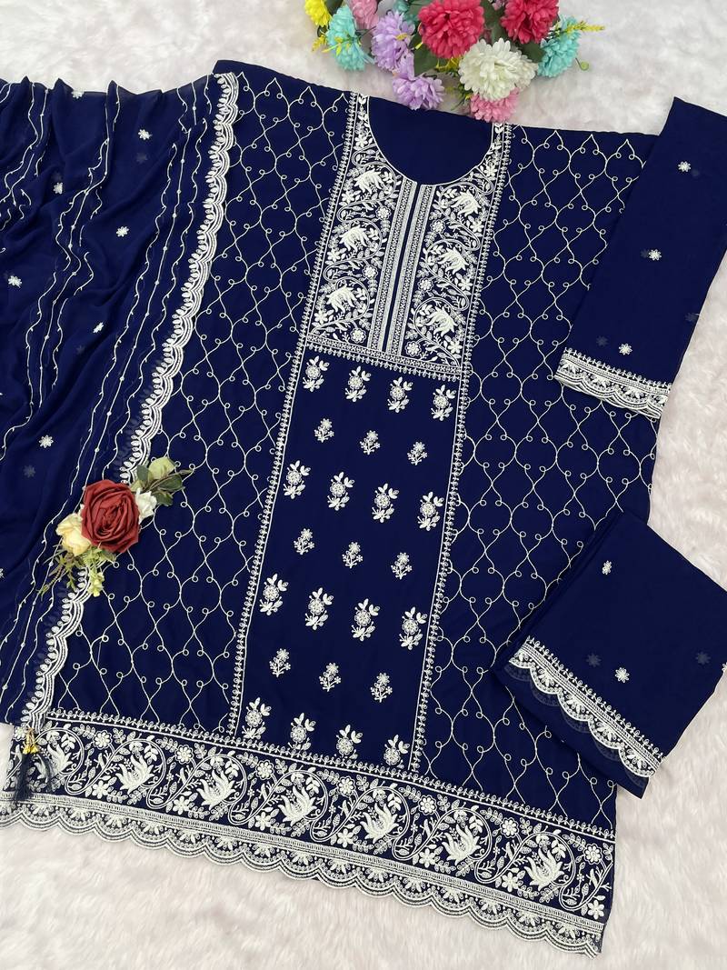 Blue embroidered georgette palazzo style salwar suit