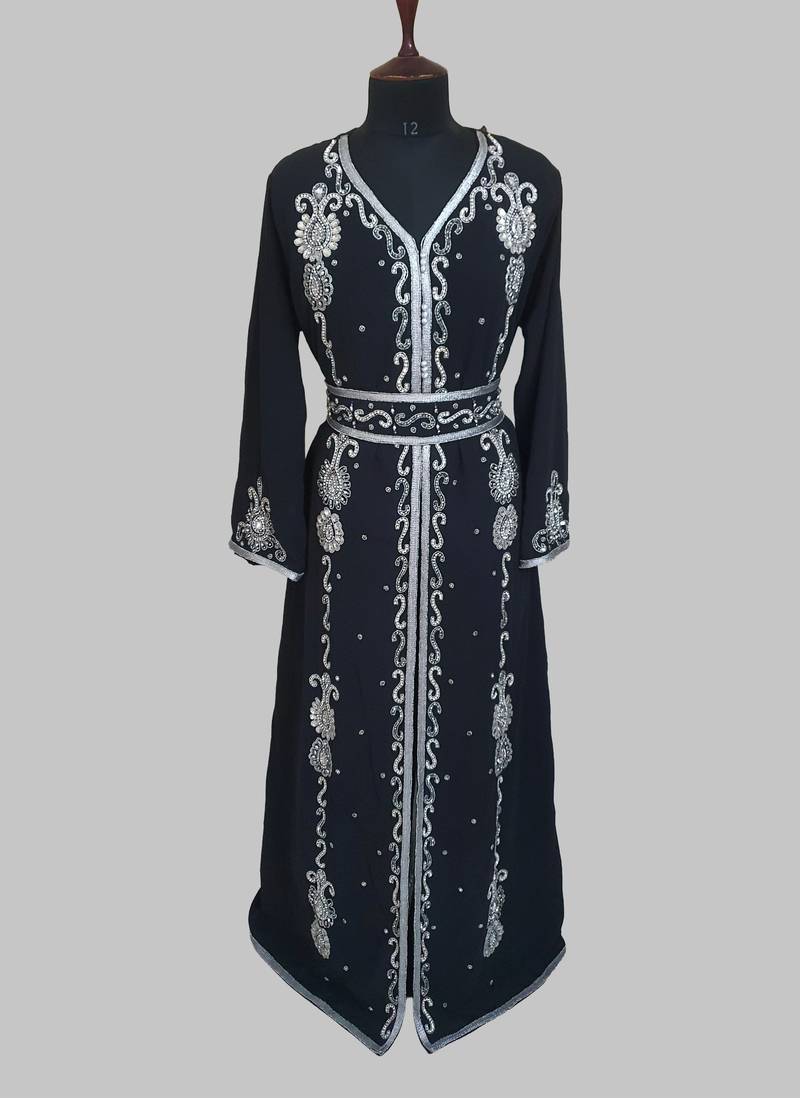 Black Silver stone and  Beads  Moroccan Kaftan With hijab