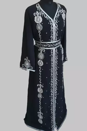 Black Silver stone and  Beads  Moroccan Kaftan With hijab