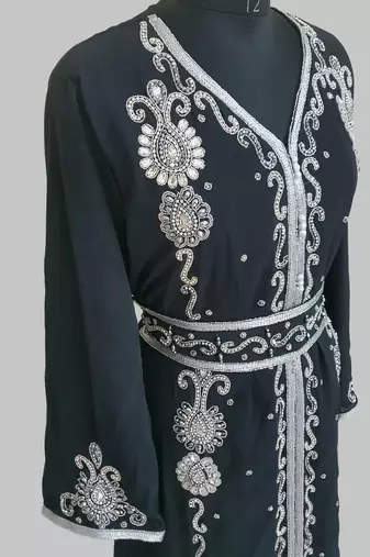 Black Silver stone and  Beads  Moroccan Kaftan With hijab