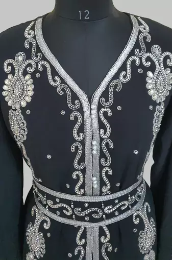 Black Silver stone and  Beads  Moroccan Kaftan With hijab