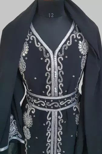 Black Silver stone and  Beads  Moroccan Kaftan With hijab