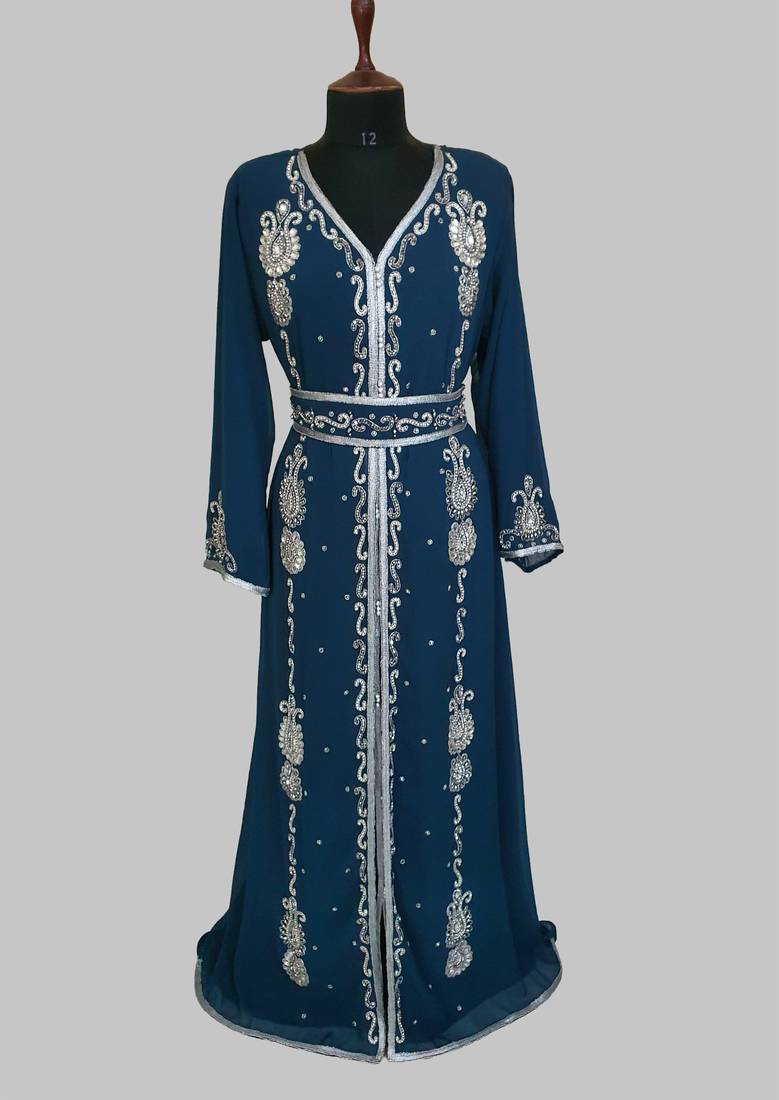 cobalt blue   Silver stone and  Beads  Moroccan Kaftan With hijab