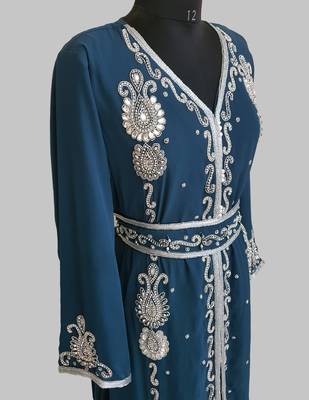 cobalt blue   Silver stone and  Beads  Moroccan Kaftan With hijab 3
