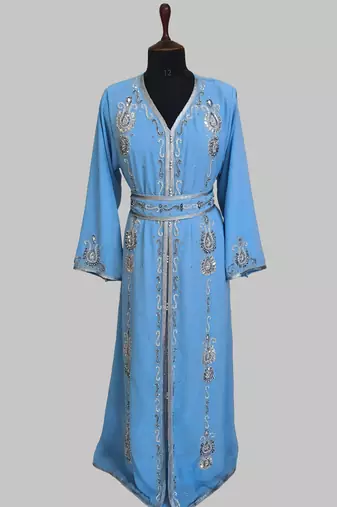 cyan blue Silver stone and  Beads  Moroccan Kaftan With hijab