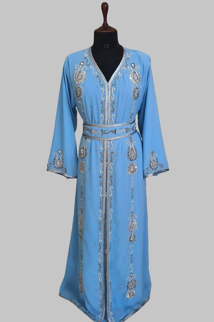 cyan blue Silver stone and  Beads  Moroccan Kaftan With hijab