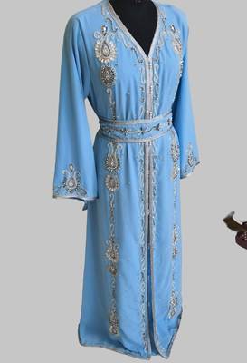 cyan blue Silver stone and  Beads  Moroccan Kaftan With hijab 2