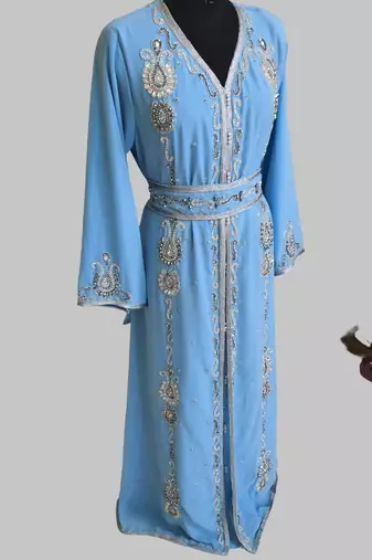 cyan blue Silver stone and  Beads  Moroccan Kaftan With hijab