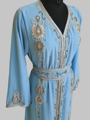 cyan blue Silver stone and  Beads  Moroccan Kaftan With hijab 3