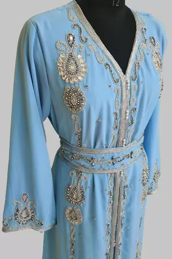 cyan blue Silver stone and  Beads  Moroccan Kaftan With hijab