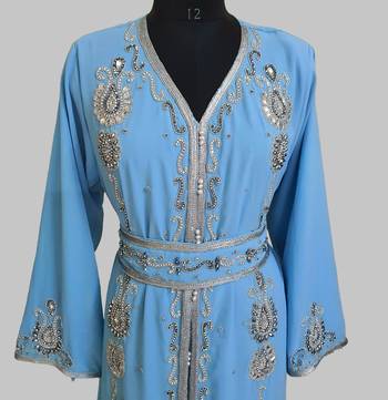 cyan blue Silver stone and  Beads  Moroccan Kaftan With hijab 4