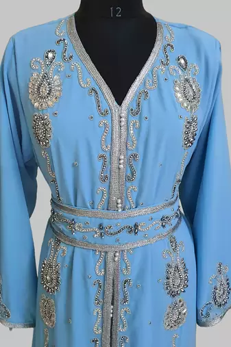 cyan blue Silver stone and  Beads  Moroccan Kaftan With hijab