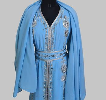 cyan blue Silver stone and  Beads  Moroccan Kaftan With hijab 5
