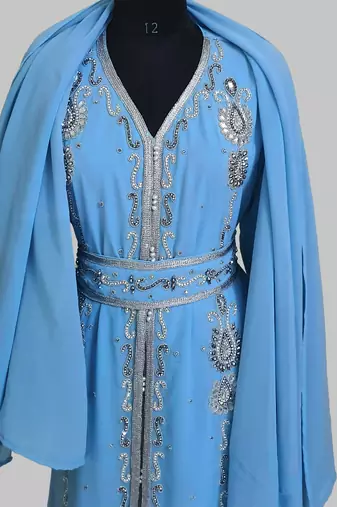 cyan blue Silver stone and  Beads  Moroccan Kaftan With hijab