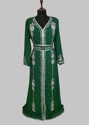 dark green Silver stone and  Beads  Moroccan Kaftan With hijab 1