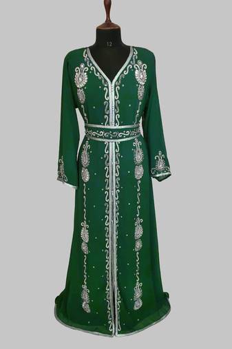 dark green Silver stone and  Beads  Moroccan Kaftan With hijab