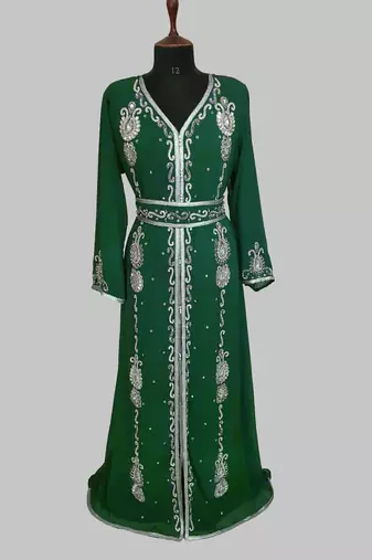 dark green Silver stone and  Beads  Moroccan Kaftan With hijab