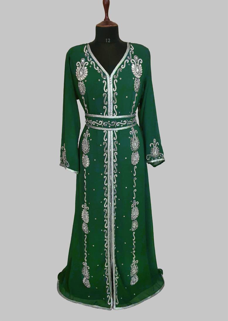 dark green Silver stone and  Beads  Moroccan Kaftan With hijab