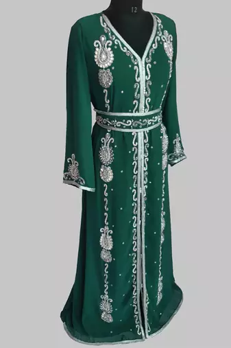 dark green Silver stone and  Beads  Moroccan Kaftan With hijab